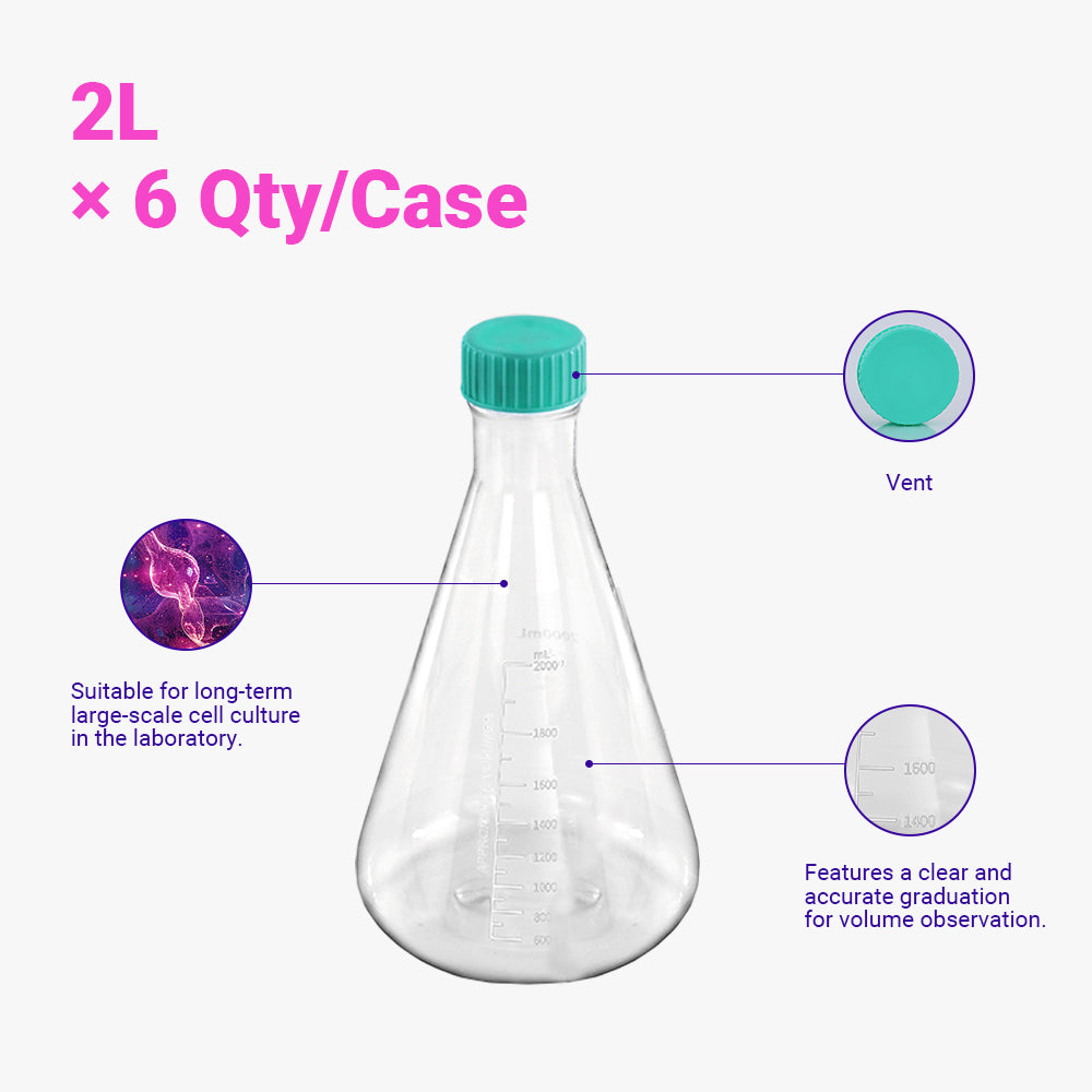 2000ml Sterile PC Erlenmeyer Flask, Non-treated, Plug seal Cap, Dnase/Rnase, Non-Pyrogenic