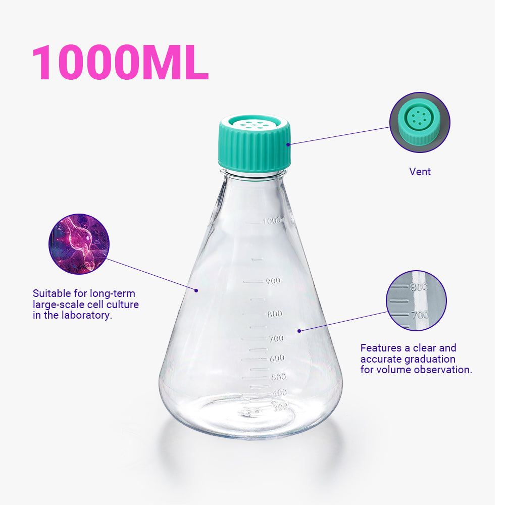 1000ml Sterile PC Erlenmeyer Flask, Non-treated, Vent Cap, Dnase/Rnase, Non-Pyrogenic