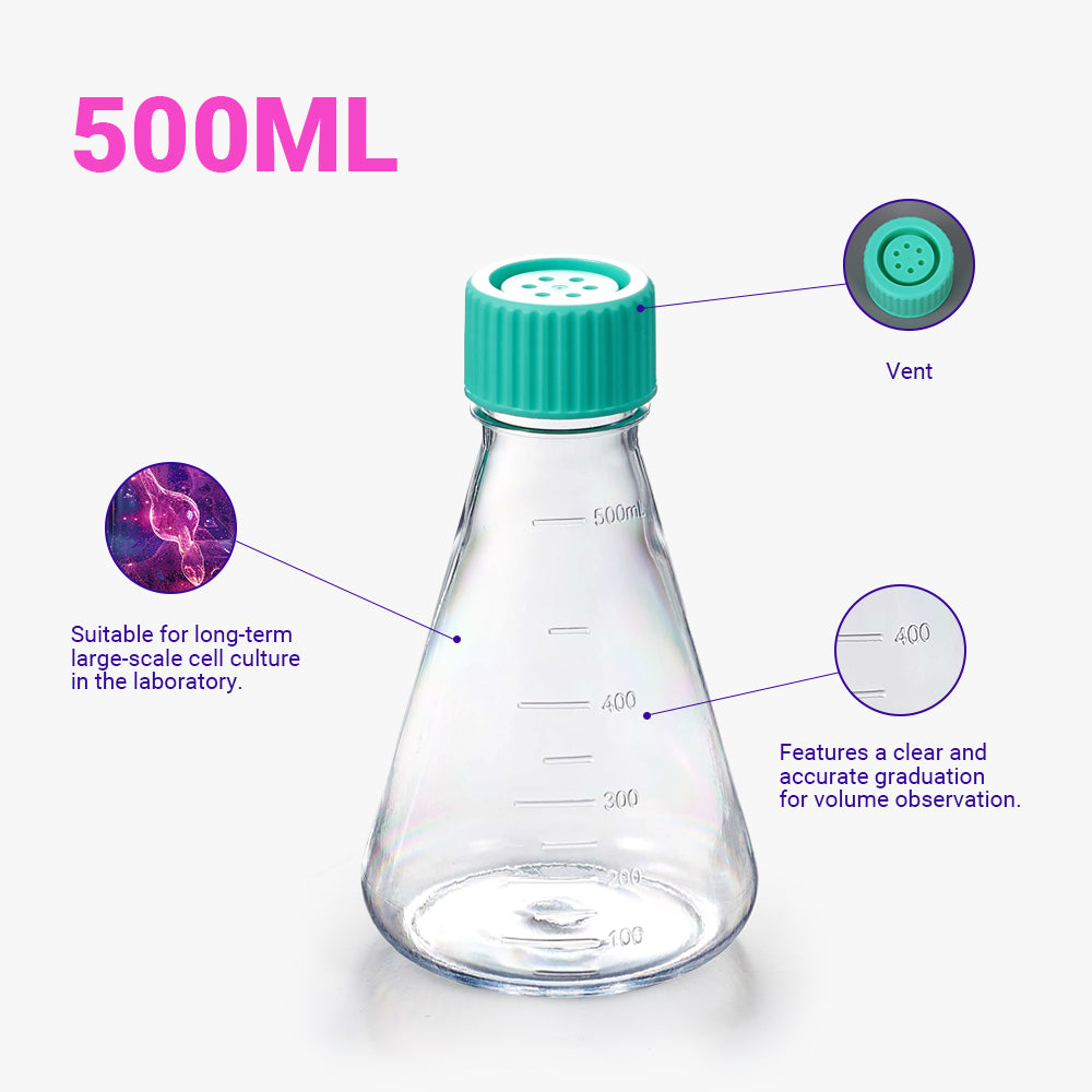 500 ml steriler PC-Erlenmeyerkolben, unbehandelt, Entlüftungskappe, Dnase/Rnase, nicht pyrogen