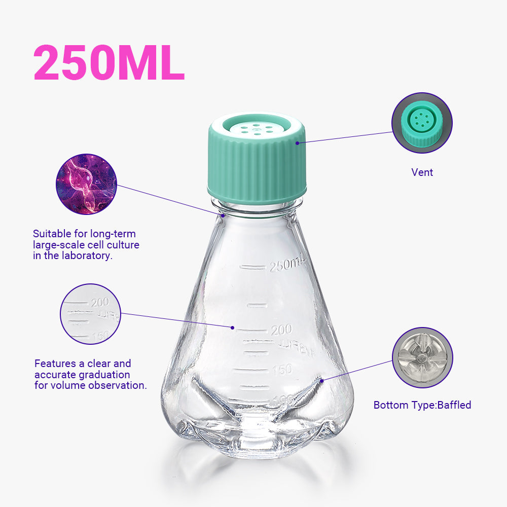 Steriler 250-ml-PC-Erlenmeyerkolben mit Schikanen, unbehandelt, Entlüftungskappe, DNase-/RNase-frei, Pyrogen-frei