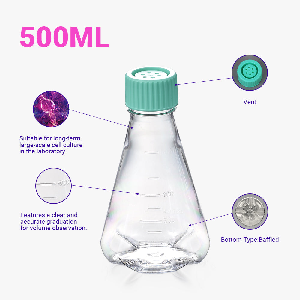 Sterile Baffled 500mL PC Erlenmeyer Flask, Non-treated, Vent Cap, DNase/RNase-Free, Pyrogen-Free