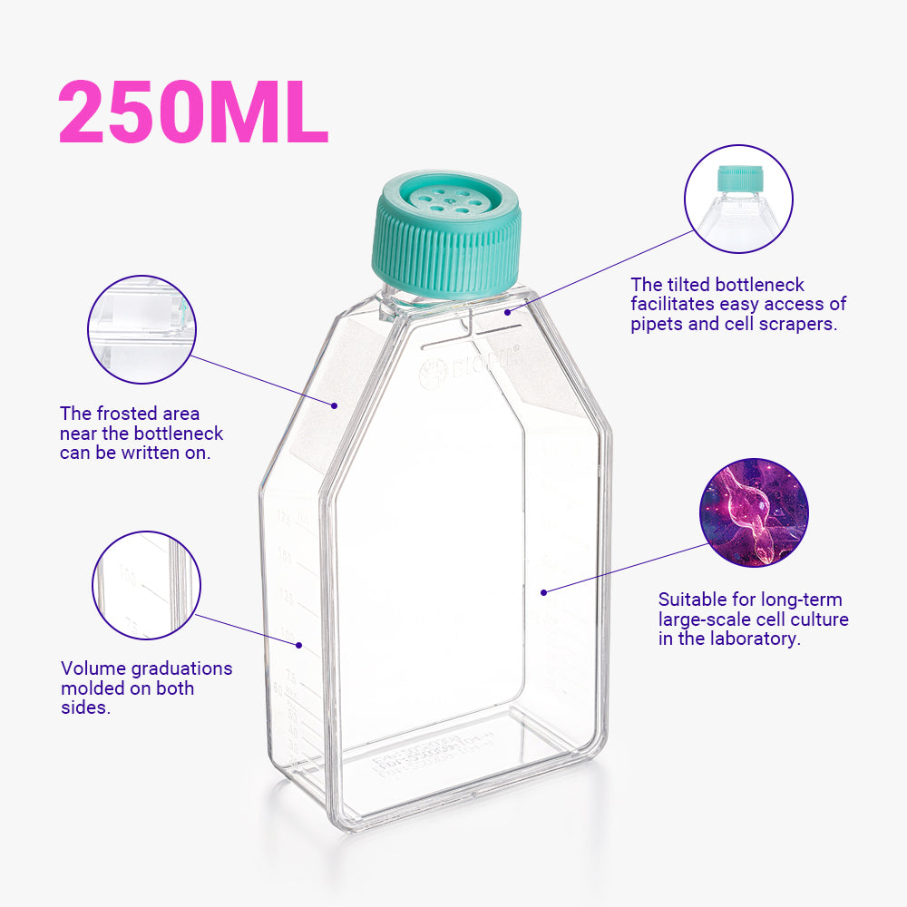 Zellkulturflaschen, 75 cm² Oberfläche, 250 ml Fassungsvermögen, Entlüftungskappe, TC-behandelt, steril
