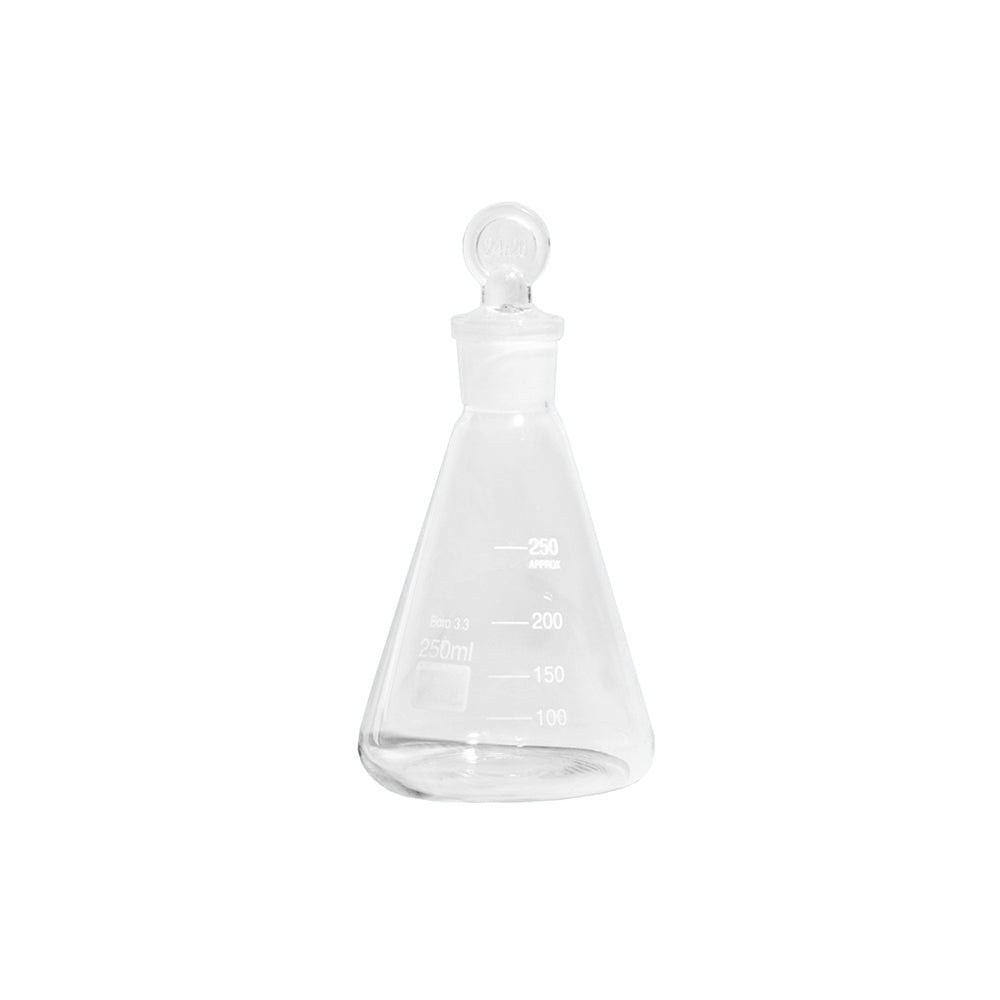 Conical Flask with Ground Glass Stopper, Borosilicate 3.3 Glass, 50mL, Bottle OD 50mm, 90mm H, 192 pcs/case