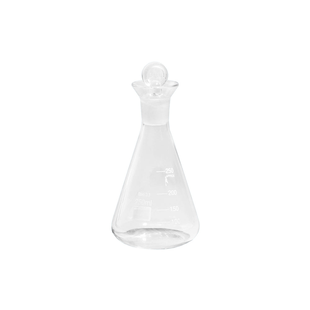 Iodine Flask, Conical with Wide Spout and Ground Stopper, Borosilicate 3.3 Glass, 50mL, Bottle OD 50mm, 90mm H, 192 pcs/case