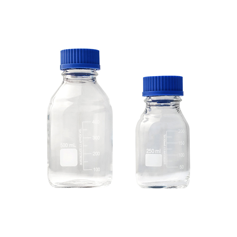 Reagent Bottle, Clear Glass, GL45 Blue Screw Cap, Graduated, 100mL, Thread OD 45mm, OD 56mm, H 100mm, 120 pcs/case