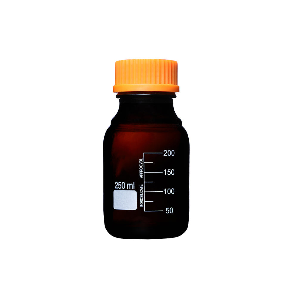 Reagent Bottle, Amber Glass, GL45 Yellow Screw Cap, Graduated, 100mL, Thread OD 45mm, OD 56mm, H 100mm, 120 pcs/case