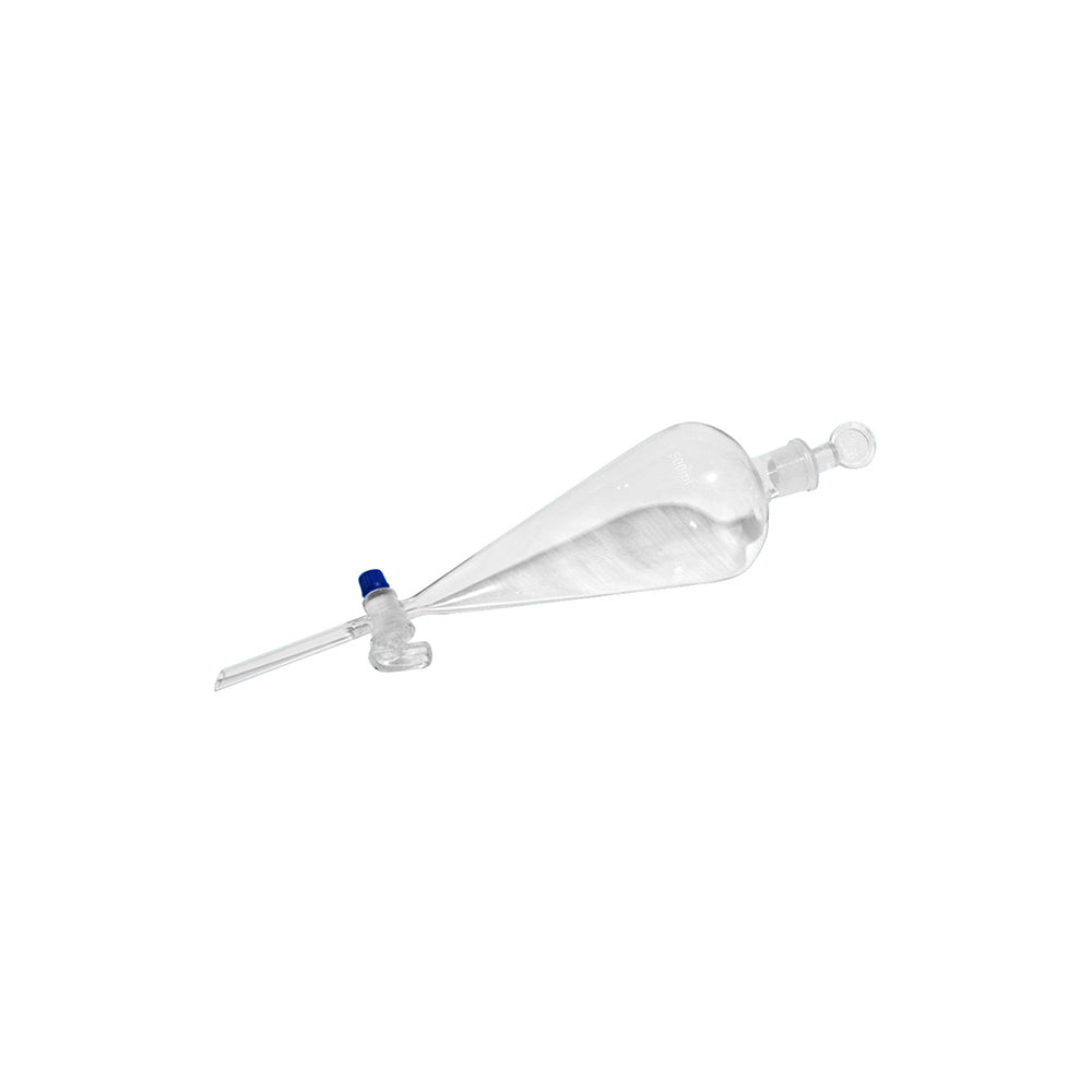 Separatory Funnel, Pear Shape, with Glass/Plastic Stopper and Glass Stopcock, 60mL, Bottom OD 8×60mm, Bottle OD 55mm, Ground Mouth 14/15mm, L 205mm, 60 pcs/case