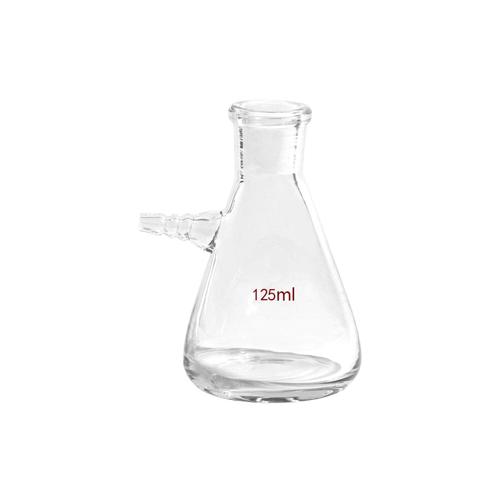 Filtering Flask, Clear Glass, Top Tubulature, Borosilicate 3.3/Neutral Glass, 125mL, Bottle OD 75mm, H 130mm, 72 pcs/case