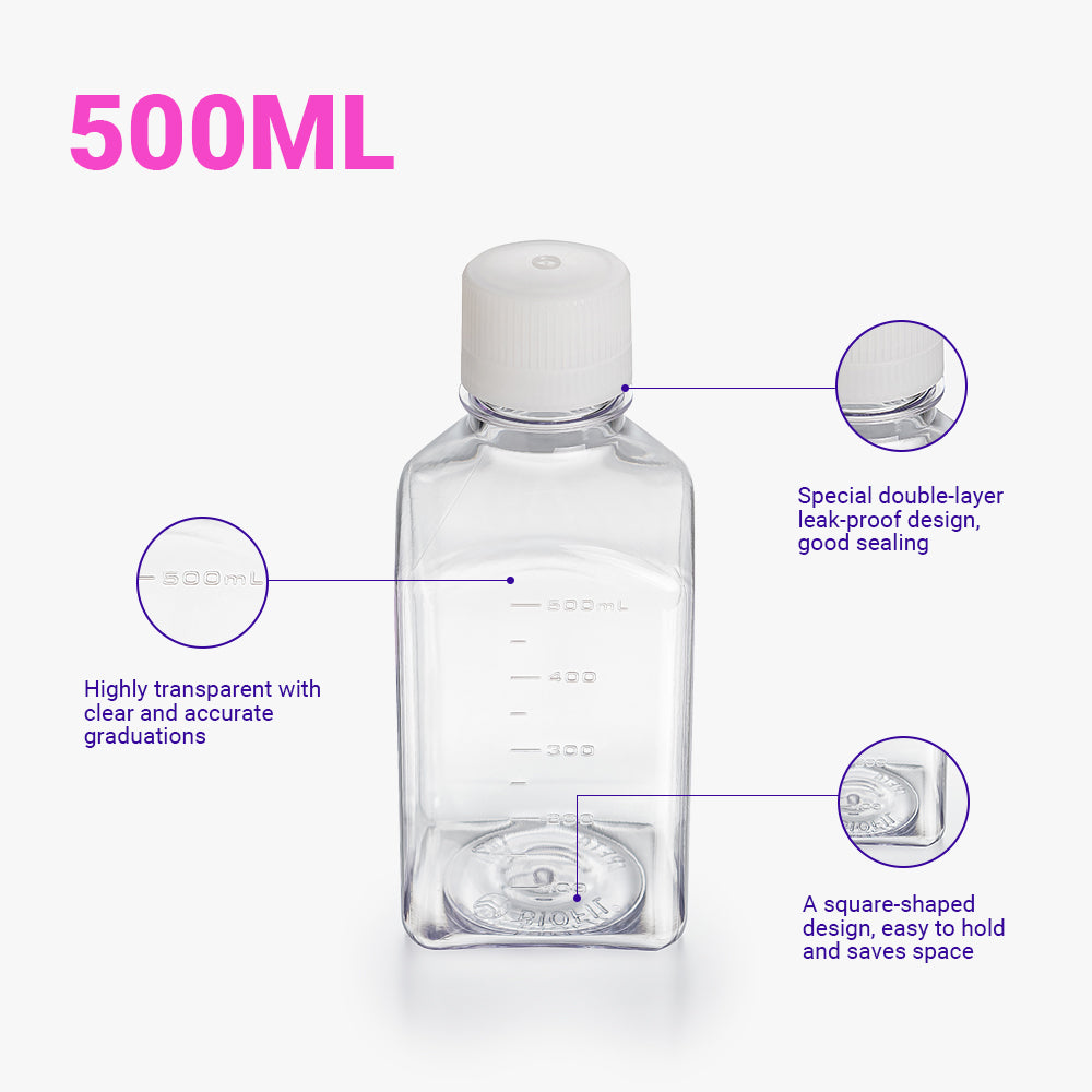 500 ml sterile Medienflasche, behandelte Oberfläche, Halsinnendurchmesser 28,6 mm, Außendurchmesser 74 mm (quadratisch)