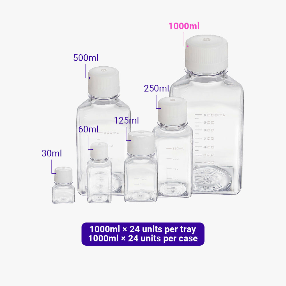 1000 ml sterile Medienflasche, TC-behandelt, Halsinnendurchmesser 28,6 mm, Außendurchmesser 92 mm (quadratisch)