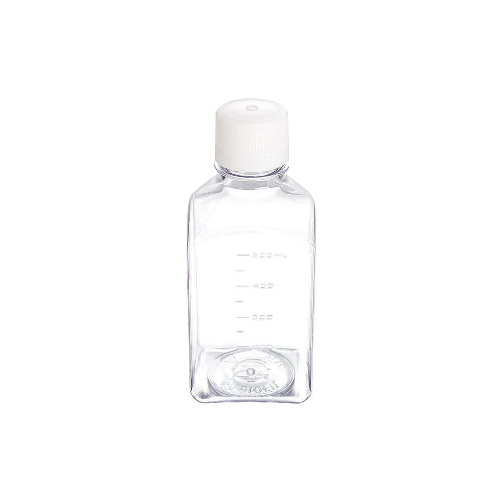 500 ml sterile Medienflasche, behandelte Oberfläche, Halsinnendurchmesser 28,6 mm, Außendurchmesser 74 mm (quadratisch)