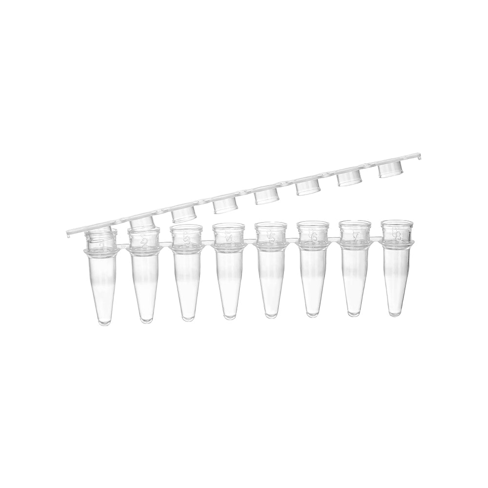 PCR strip tubes, 1.6 mL, 8 stripsx0.2ml, Natural Color, Flat cap, DNAse&RNAse Free, bag packing way, 1250piece(s)/case