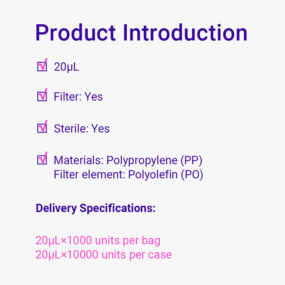 Pipet Micro Tips with Filter, 2-20 μl, Natural Color, DNase/RNase-Free, Sterile, Re-sealable Bag