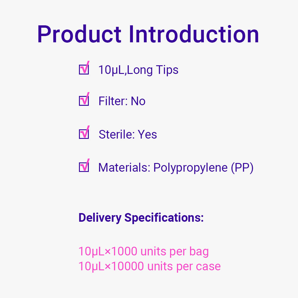 0.1-10 μl Natural Color Pipet Micro Tips, Long Tips, DNase/RNase-Free, Sterile, Re-sealable Bag