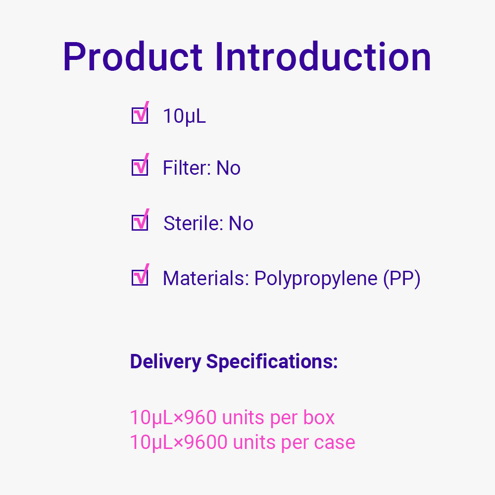 Pipetten-Mikrospitzen, 0,1–10 μl, natürliche Farbe, DNase-/RNase-frei, Pyrogen-frei, unsteril, 10-lagige Nachfüllverpackung