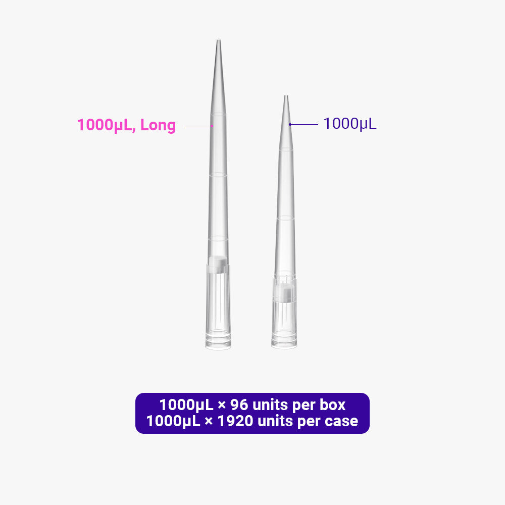 100-1000 μl Natural Color Pipet Micro Tips, Long Tips, DNase/RNase-Free, Sterile, Plastic rack packing