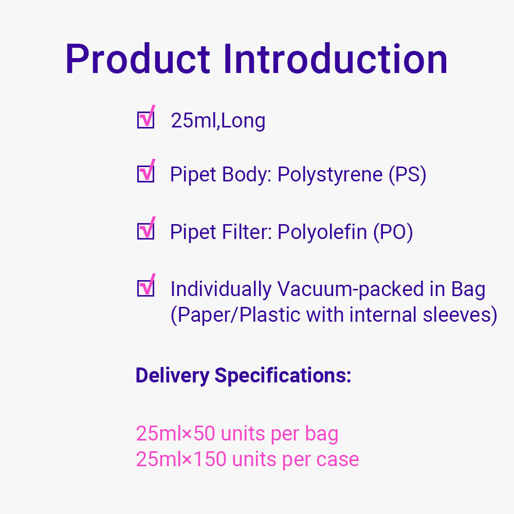 25 ml lange sterile serologische Pipetten mit 2/10 ml-Graduierung, roter Farbcode, einzeln vakuumverpackt in Beuteln (Papier/Kunststoff mit Innenhüllen)