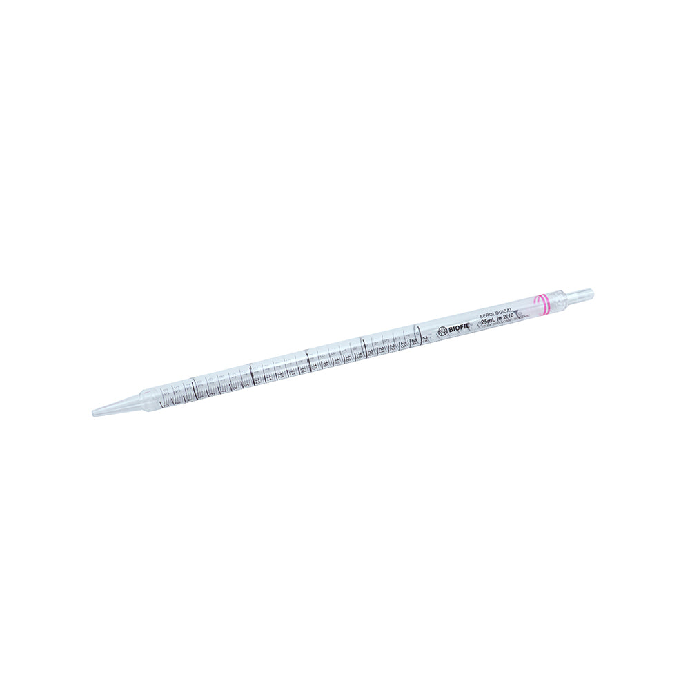 25 ml lange sterile serologische Pipetten mit 2/10 ml-Graduierung, roter Farbcode, einzeln verpackt (Papier/Kunststoff)