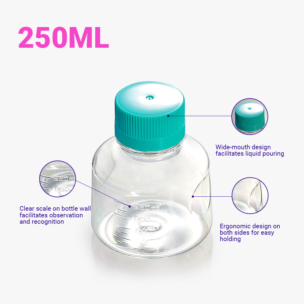 Sterile, chemikalienbeständige 250-ml-Lösungsflaschen von GPPS für die Zellkultur